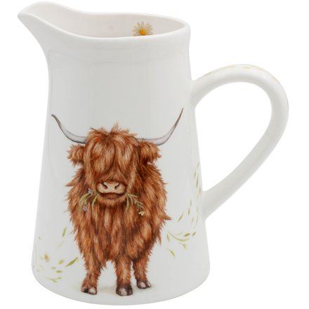 Highland Cow White Flower Jug Vase