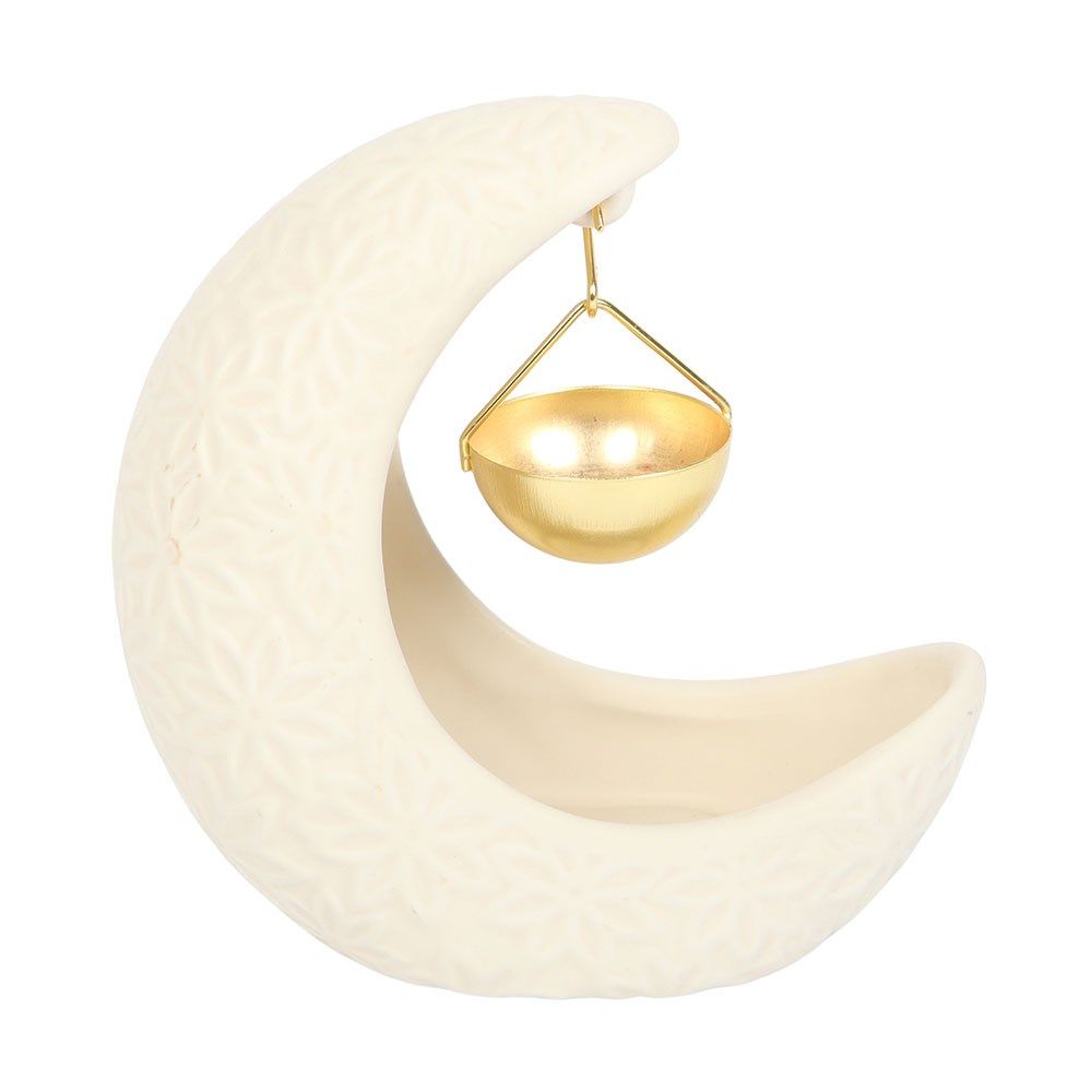 White Embossed Crescent Moon - Oil Burner / Wax Melter