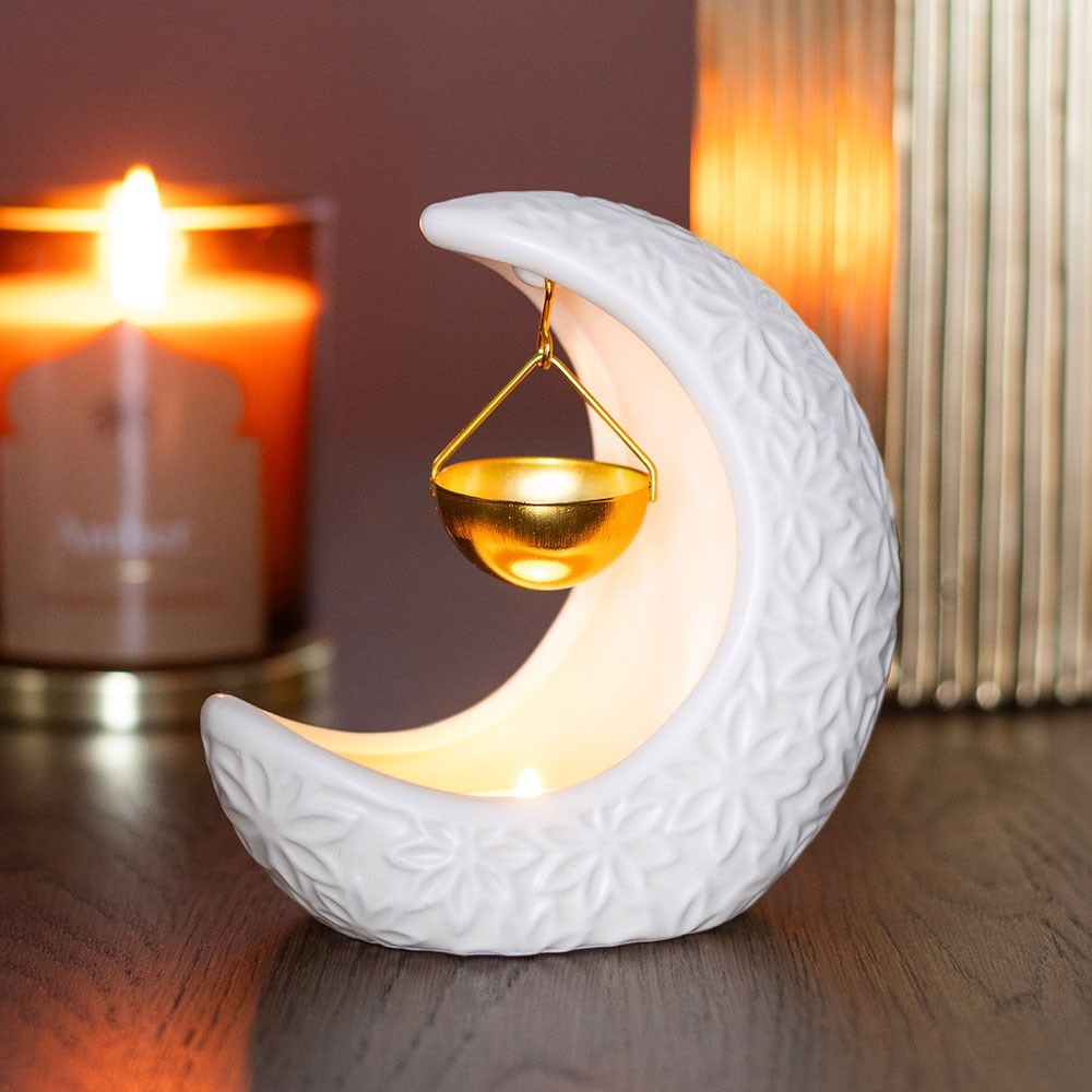 White Embossed Crescent Moon - Oil Burner / Wax Melter