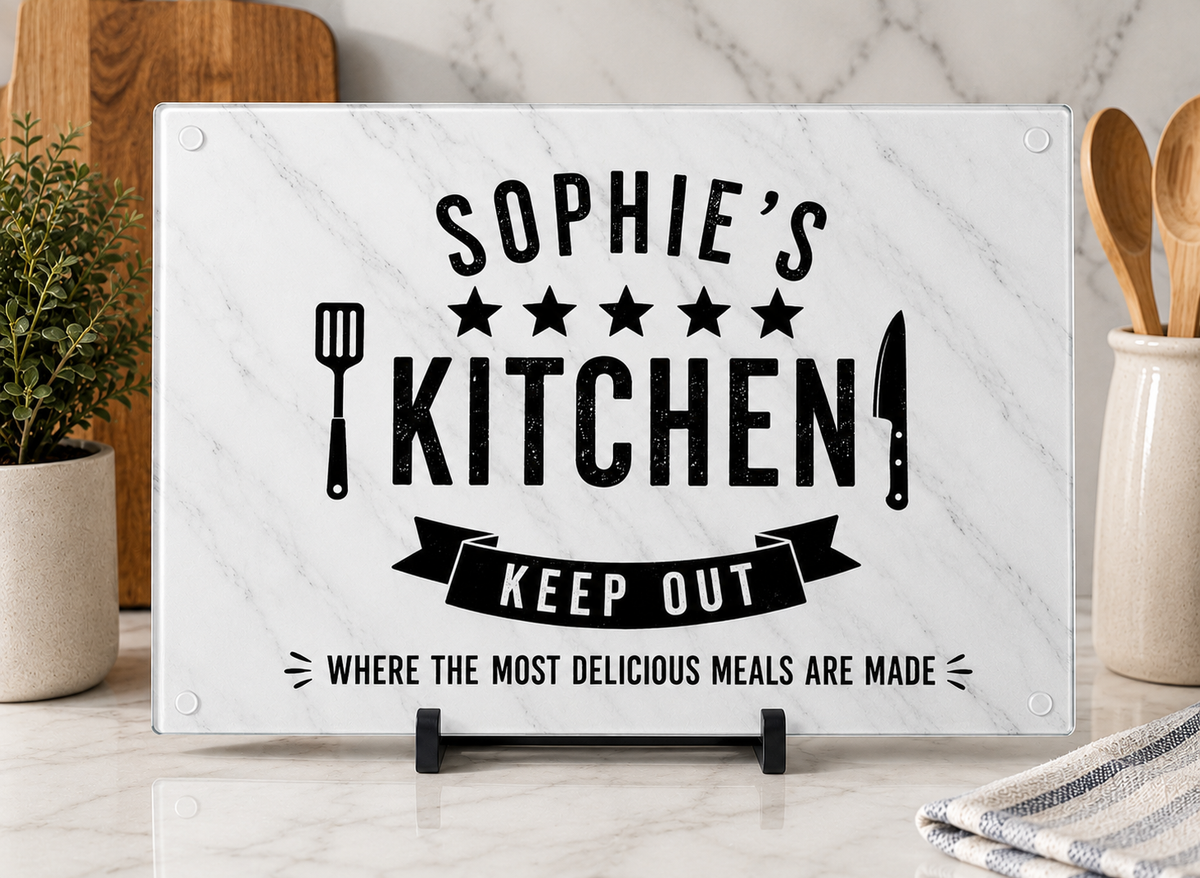 5 Star Kitchen Personalised Glass Chopping Board - Small or Large