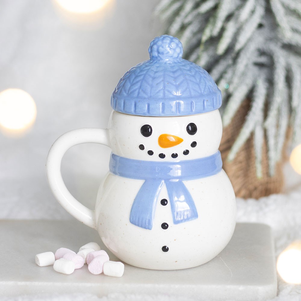 Blue Winter Snowman Lidded Mug / Cup