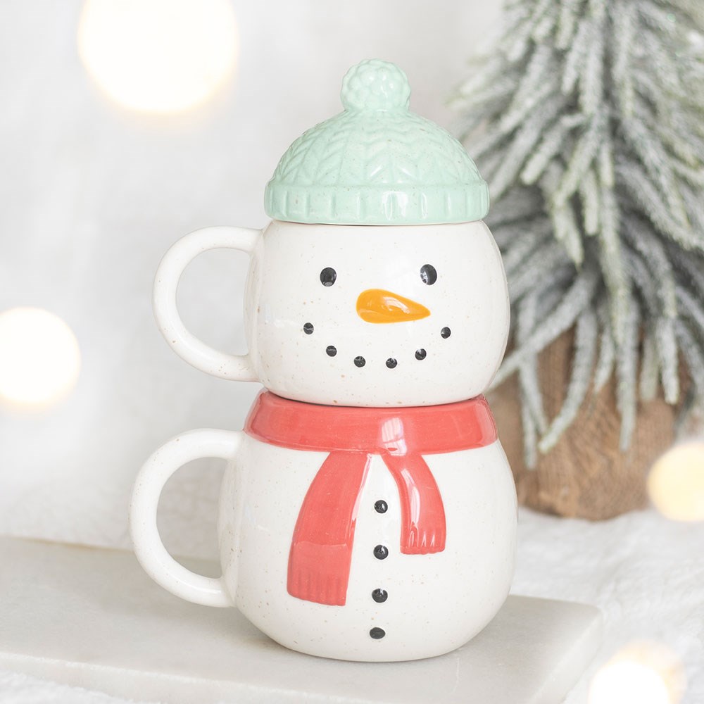 Set of 2 Winter Snowman Stacking Lidded Mug / Cup