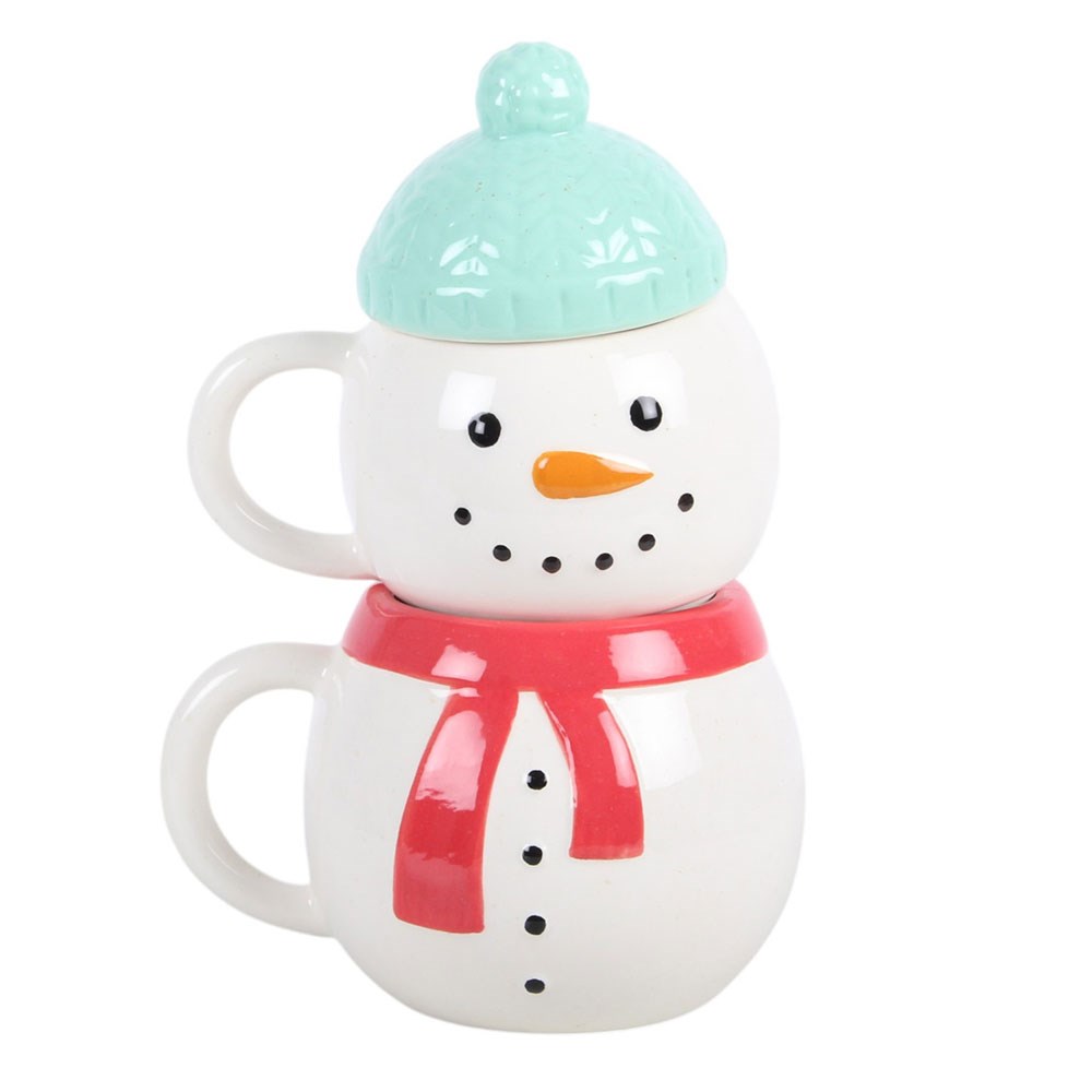 Set of 2 Winter Snowman Stacking Lidded Mug / Cup