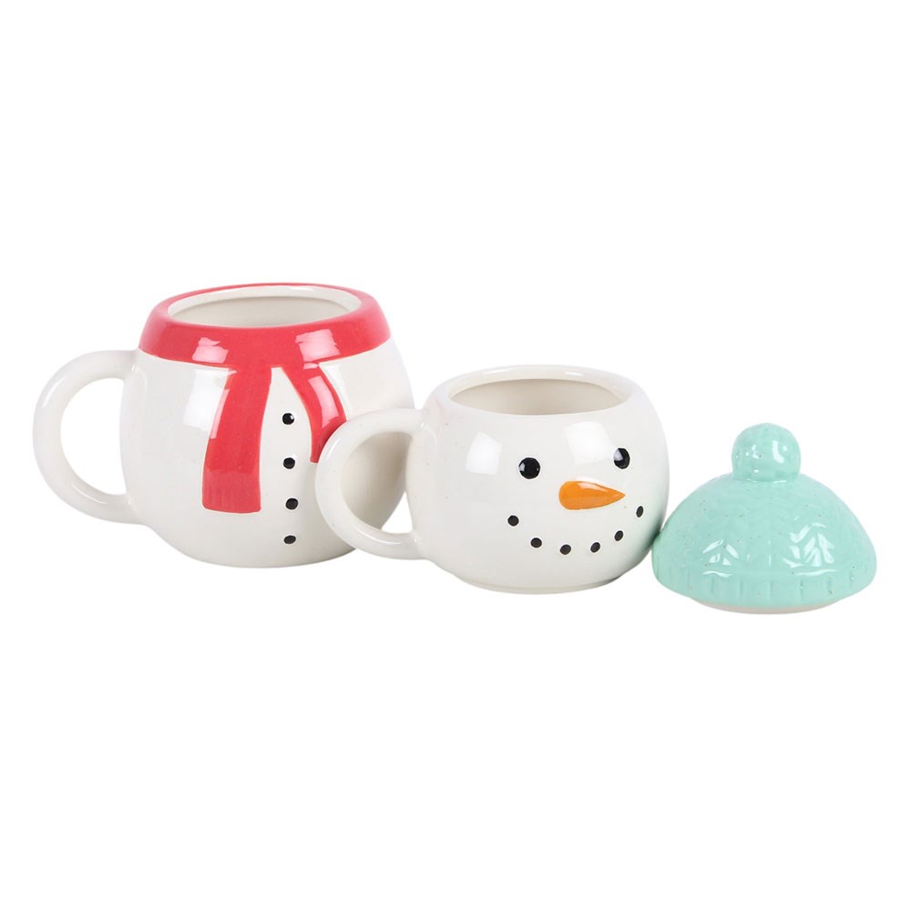 Set of 2 Winter Snowman Stacking Lidded Mug / Cup