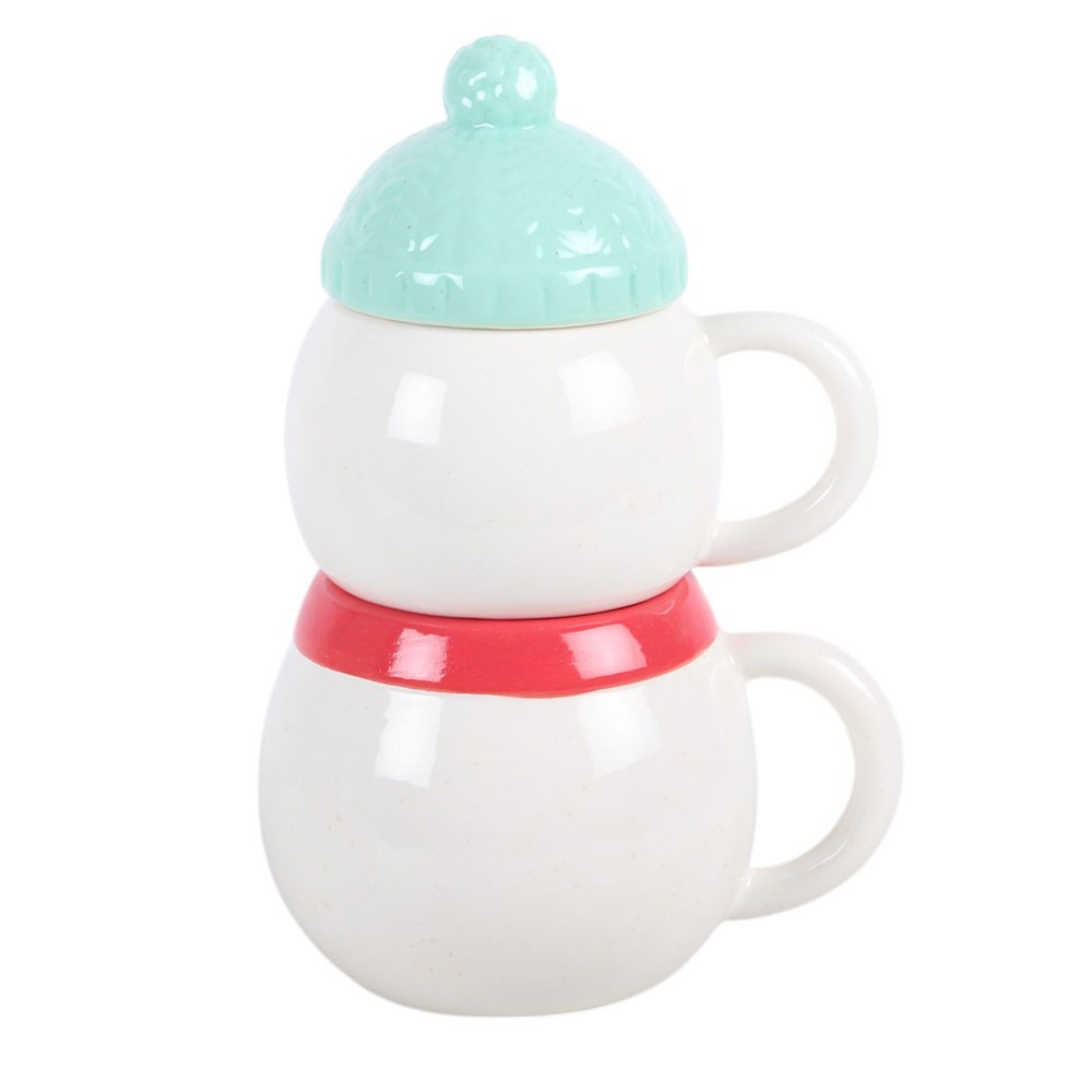 Set of 2 Winter Snowman Stacking Lidded Mug / Cup