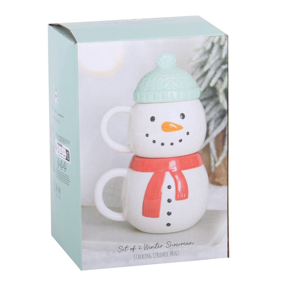 Set of 2 Winter Snowman Stacking Lidded Mug / Cup