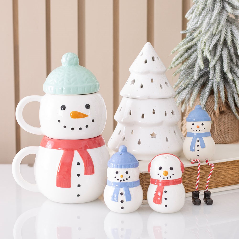 Set of 2 Winter Snowman Stacking Lidded Mug / Cup