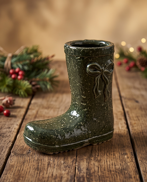 Green Bow Wellie Boots Flower Vase