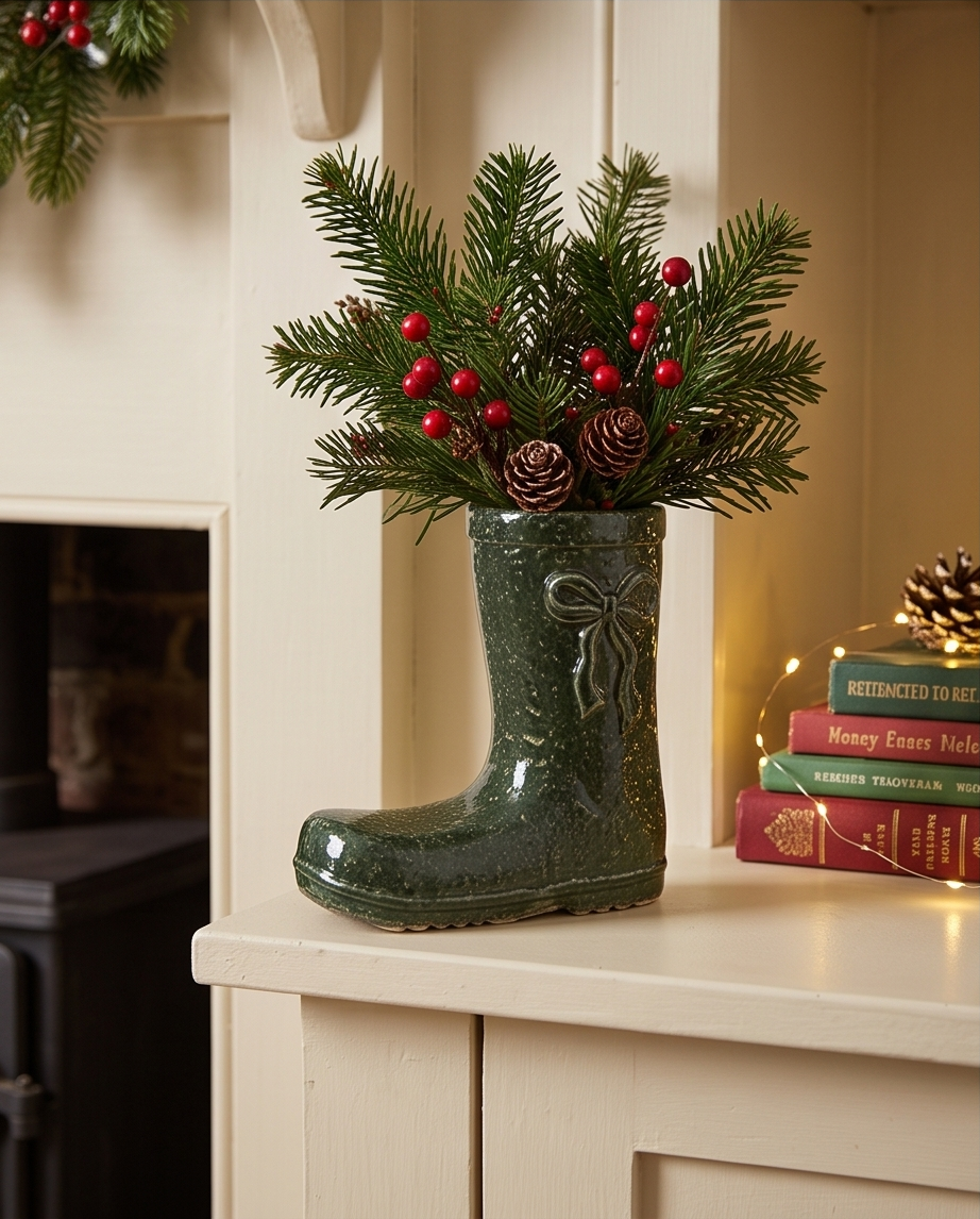 Green Bow Wellie Boots Flower Vase