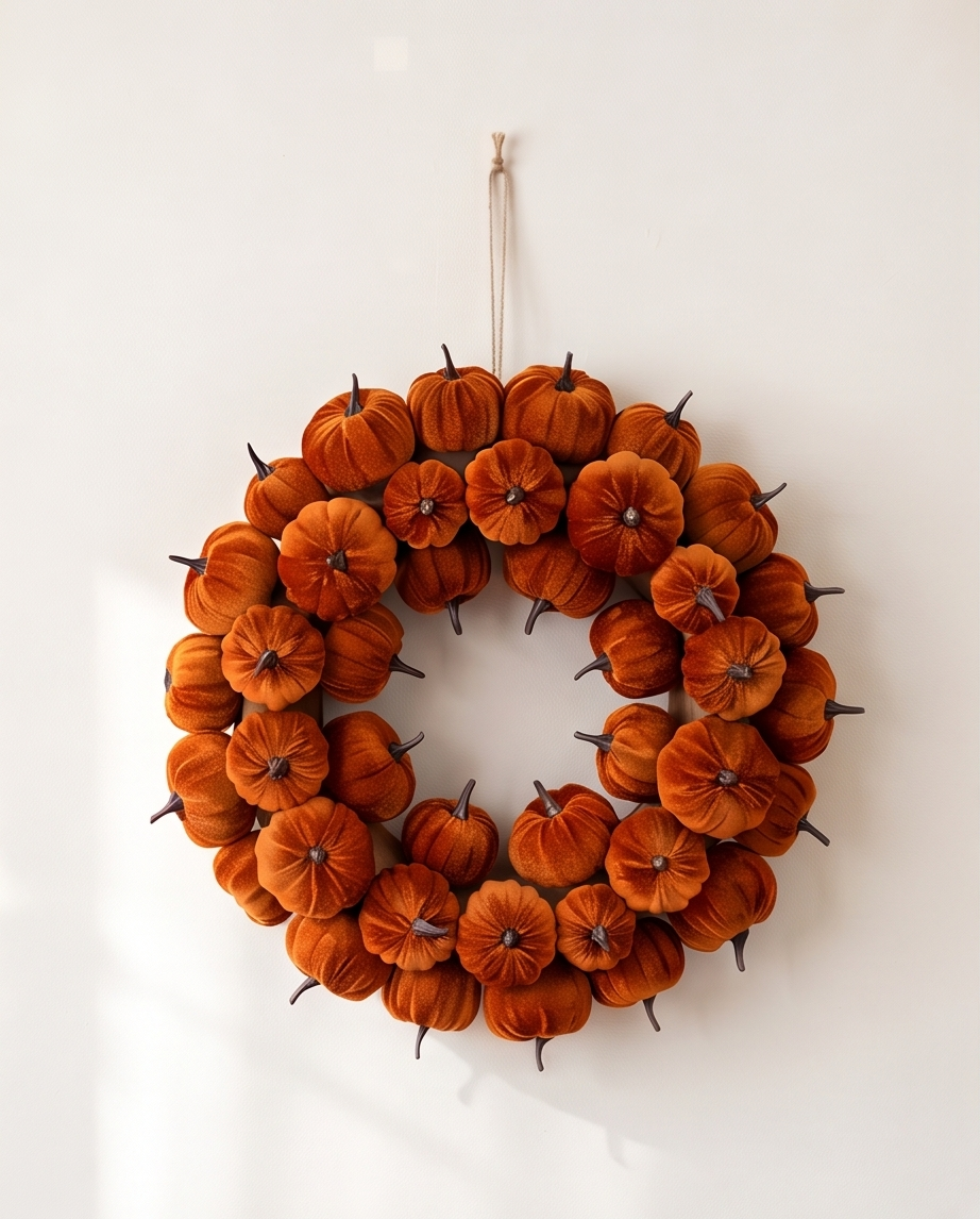 Orange Velvet Pumpkin Weath 38cm