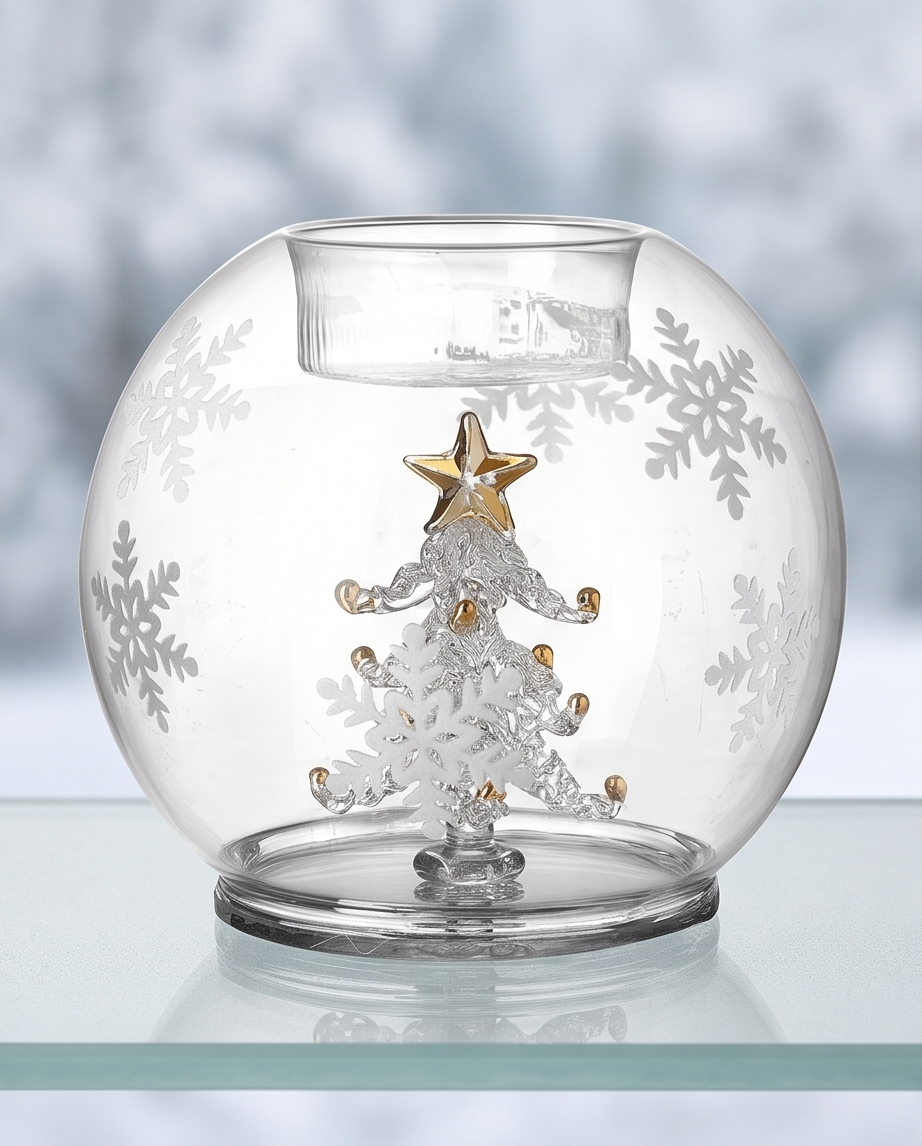 Clear Glass Bauble Christmas Tree Tea Light Holder - 10cm