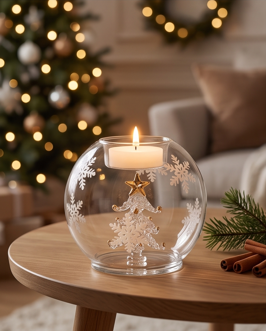 Clear Glass Bauble Christmas Tree Tea Light Holder - 10cm
