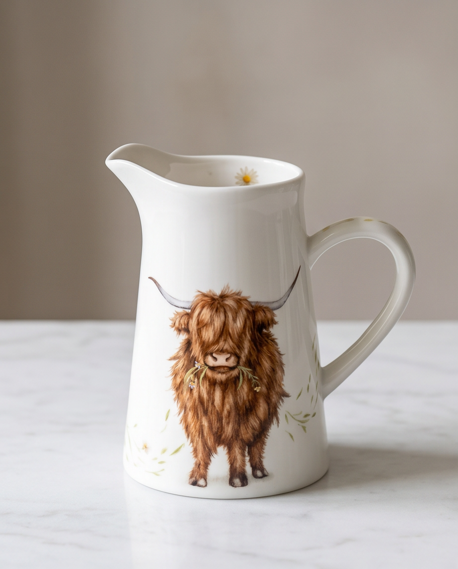 Highland Cow White Flower Jug Vase