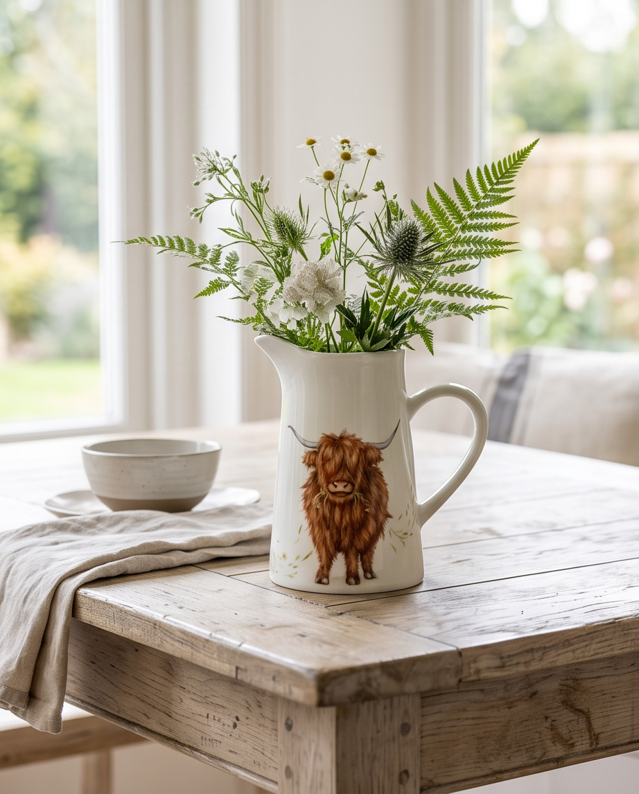 Highland Cow White Flower Jug Vase