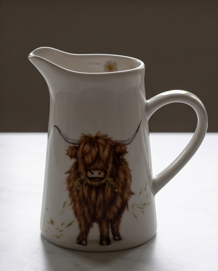 Highland Cow White Flower Jug Vase