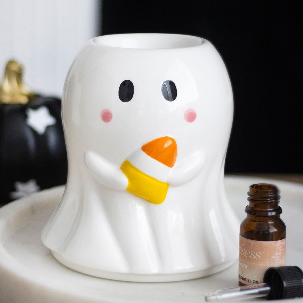 HALLOWEEN Ghost with Candy Corn Oil Burner/Wax Melter - White & Orange