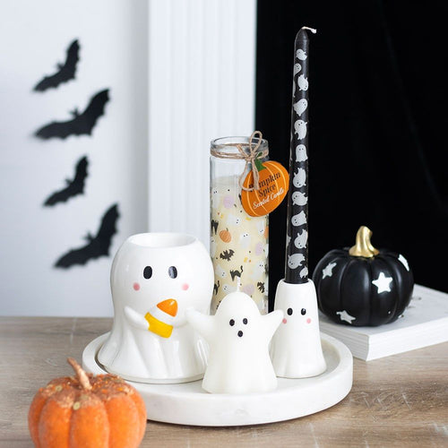 HALLOWEEN Ghost with Candy Corn Oil Burner/Wax Melter - White & Orange