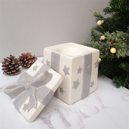 CHRISTMAS Present Oil Burner/Wax Melter - White & Grey