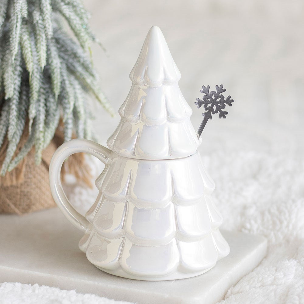 Irridescent Fir Tree Lidded Mug with Snowflake Spoon
