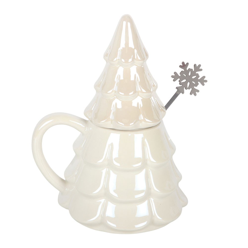 Irridescent Fir Tree Lidded Mug with Snowflake Spoon