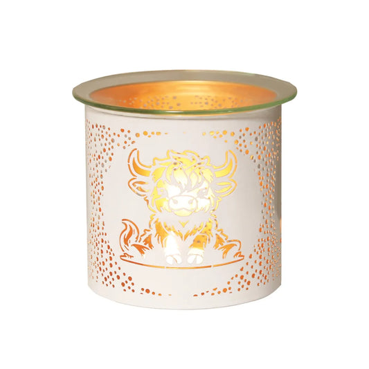 Tealight Wax Melter and Candle Holder - White & Gold Silhouette Melter Highland Cow - Oil Burner / Wax Meler