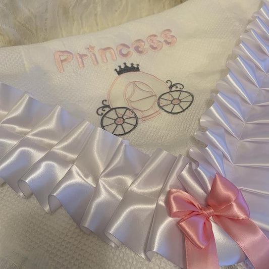 Personalised Name Princess Carriage Shawl / Blanket Embroidered Gift / Baby Blankets - Lace Trim