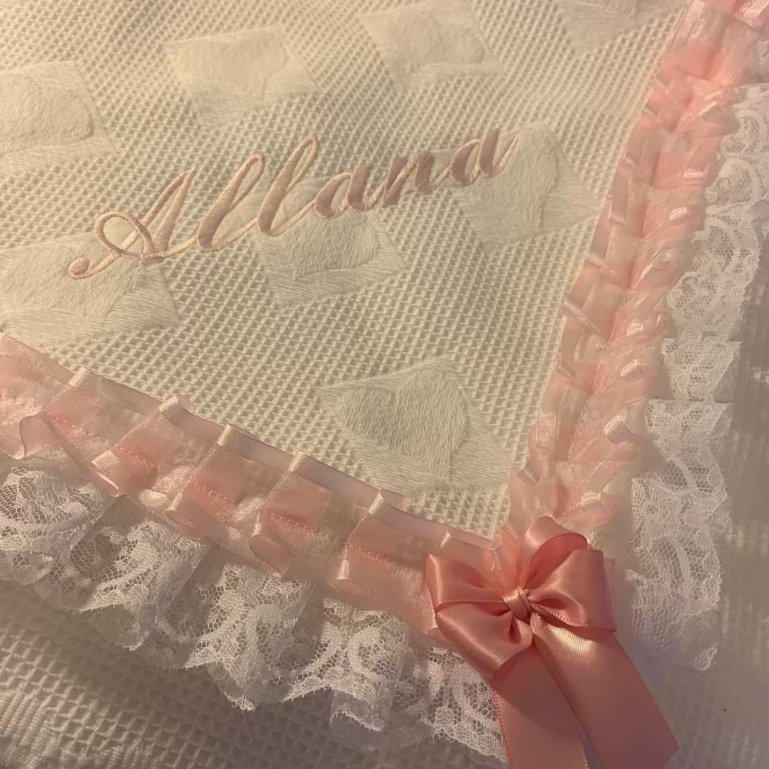 Personalised Name Baby Feet Shawl / Blanket Embroidered Gift / Baby Blankets - Lace Trim