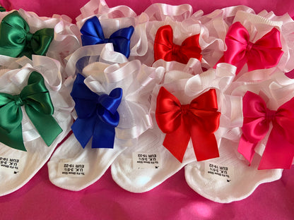 Frilly Lace Baby Girls / Children's Satin Bow Ankle Socks - Sizes 0-0 to 12-3